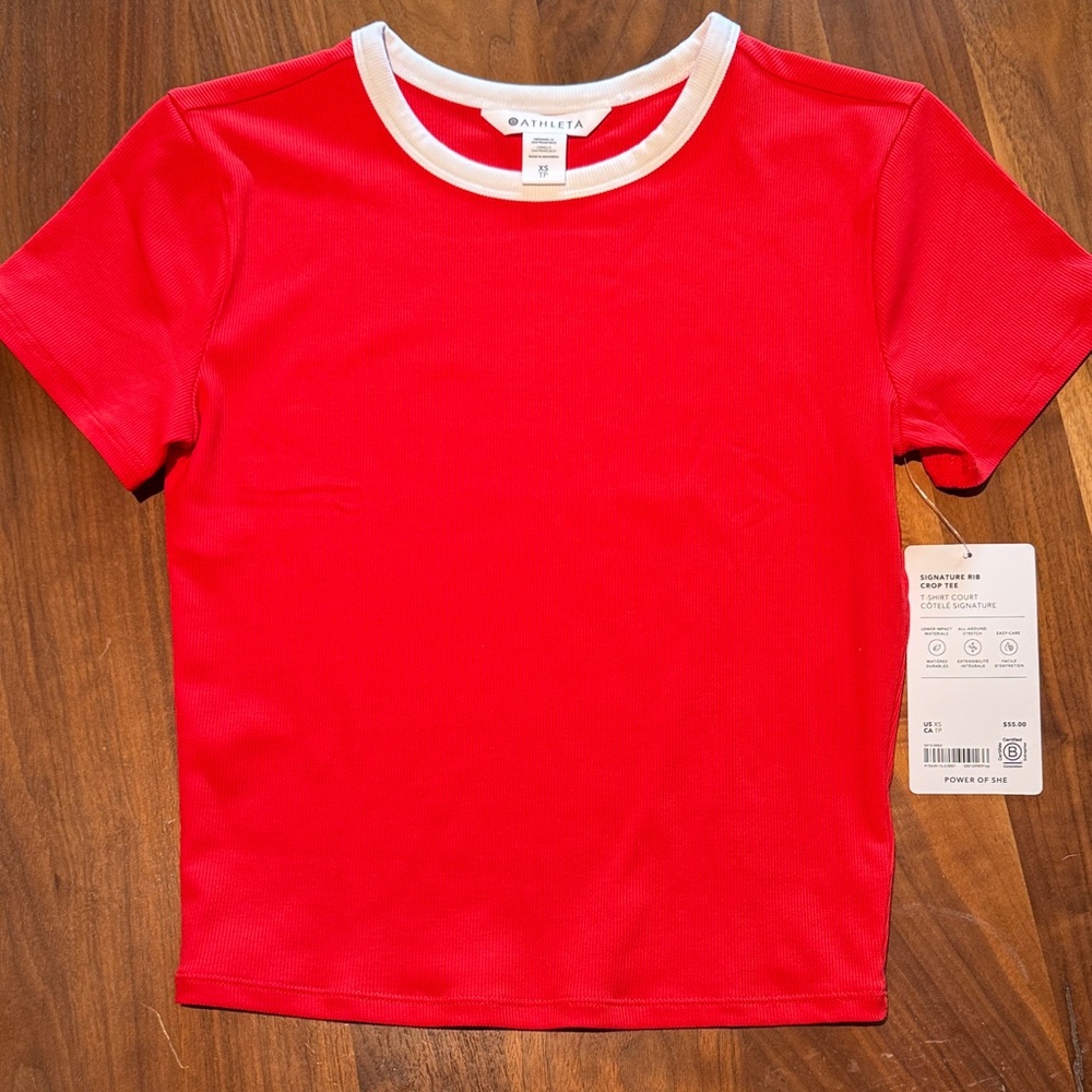 Athleta Signature Rib Red Crop Top with White Trim